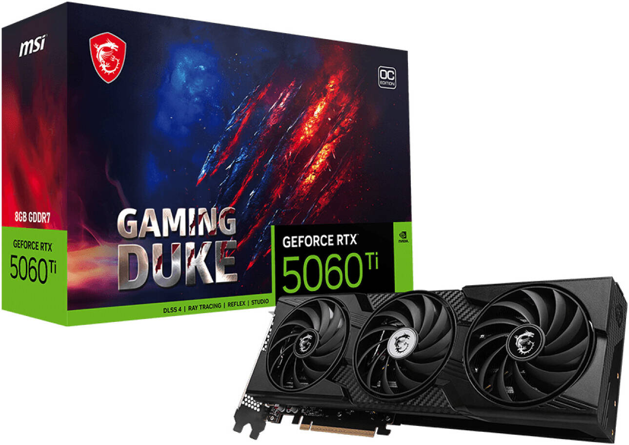 MSI GeForce RTX 5060 Ti GAMING DUKE 3X OC Graphics Card, 8GB GDDR7 128-Bit Memory, 2617 MHz Boost Clock, 28 Gbps Memory Speed, 4608 CUDA Cores, PCI Express® Gen 5 x16, Black | 912-V812-086