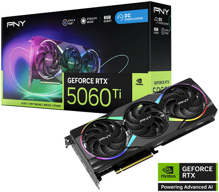 PNY GeForce RTX 5060 Ti 8GB EPIC-X RGB Overclocked Triple Fan Graphics Card, 8GB GDDR7 128-Bit Memory, 2407MHz Clock Speed, 4608 CUDA Cores, 8x PCI-Express 5.0 | VCG5060T8TFXXPB1-O