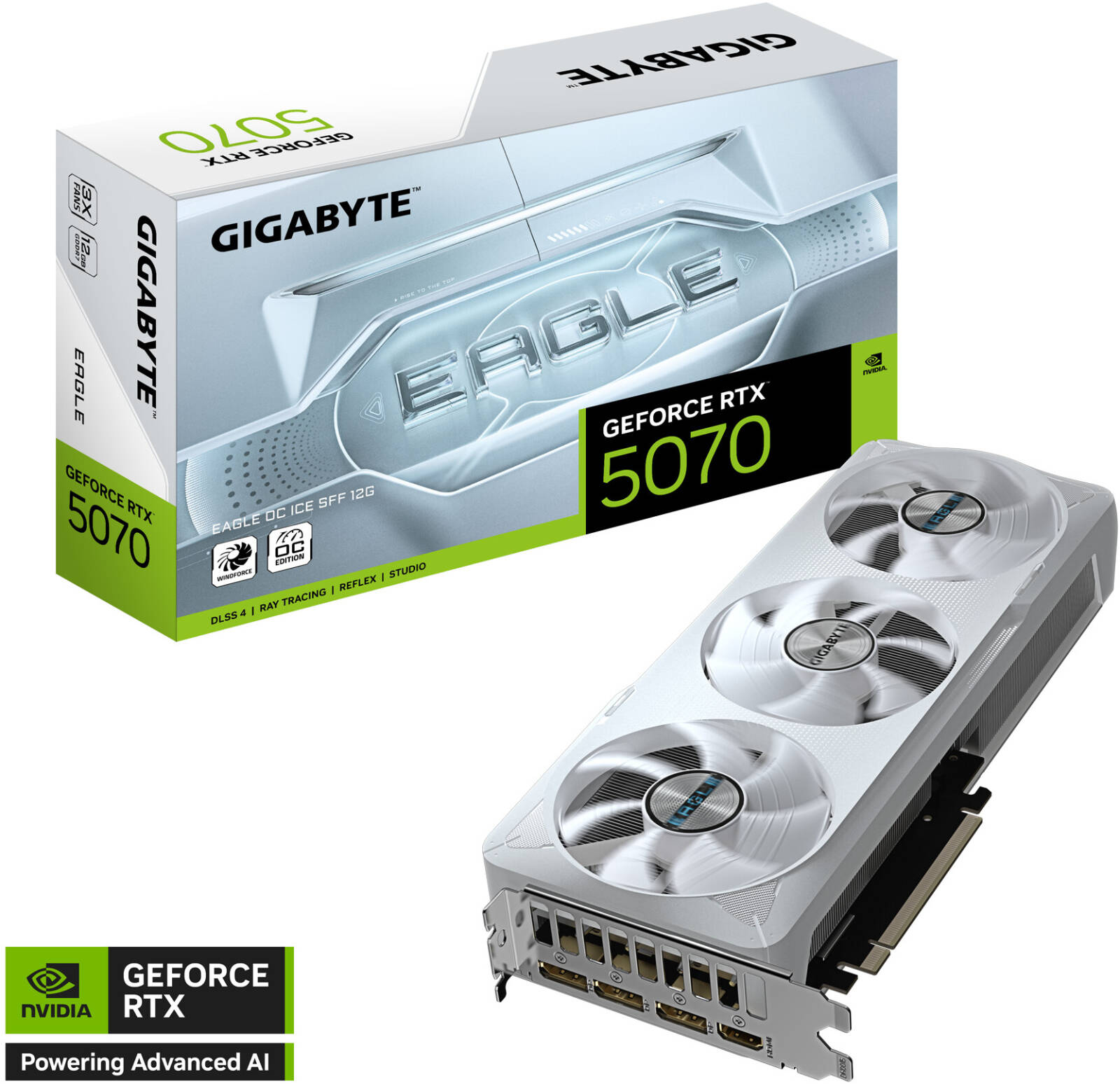 Gigabyte GeForce RTX 5070 EAGLE OC ICE SFF Graphics Card, 12GB GDDR7 192-Bit Memory, 2587 MHz Core Clock, 6144 CUDA Cores, 28 Gbps Memory Speed, PCI-Express 5.0 | GV-N5070EAGLEOC ICE-12GD