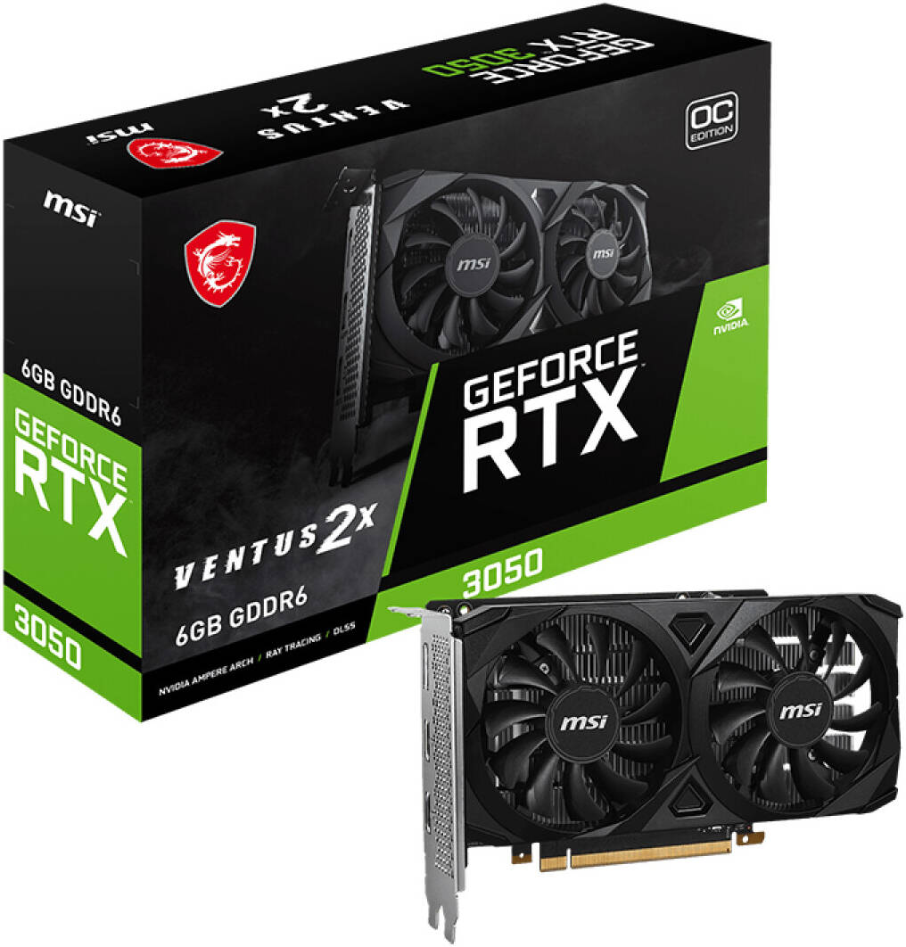 MSI GeForce RTX 3050 VENTUS 2X 6GB OC Graphics Card, GDDR6 96-Bit Memory, 1492 MHz Boost Clock, 14 Gbps Memory Speed, 2304 CUDA Cores, PCI Express Gen 4 x16 | 912-V812-016