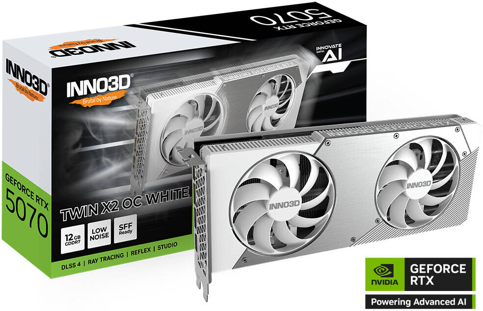 Inno3D GeForce RTX 5070 TWIN X2 OC 12GB Graphics Card, GDDR7 192-Bit Memory, 2325 MHz Base Clock, 28 Gbps Memory Clock, 6144 CUDA Cores, PCI Express Gen 5, White | N50702-12D7X-195064W