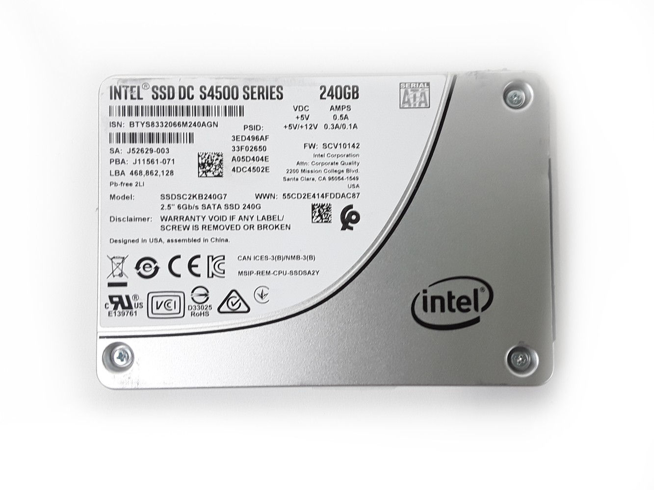Intel SSD DC S4500 240GB SATA 6Gb/s 2.5-inch SSD  -  SSDSC2KB240G701, Refurbished