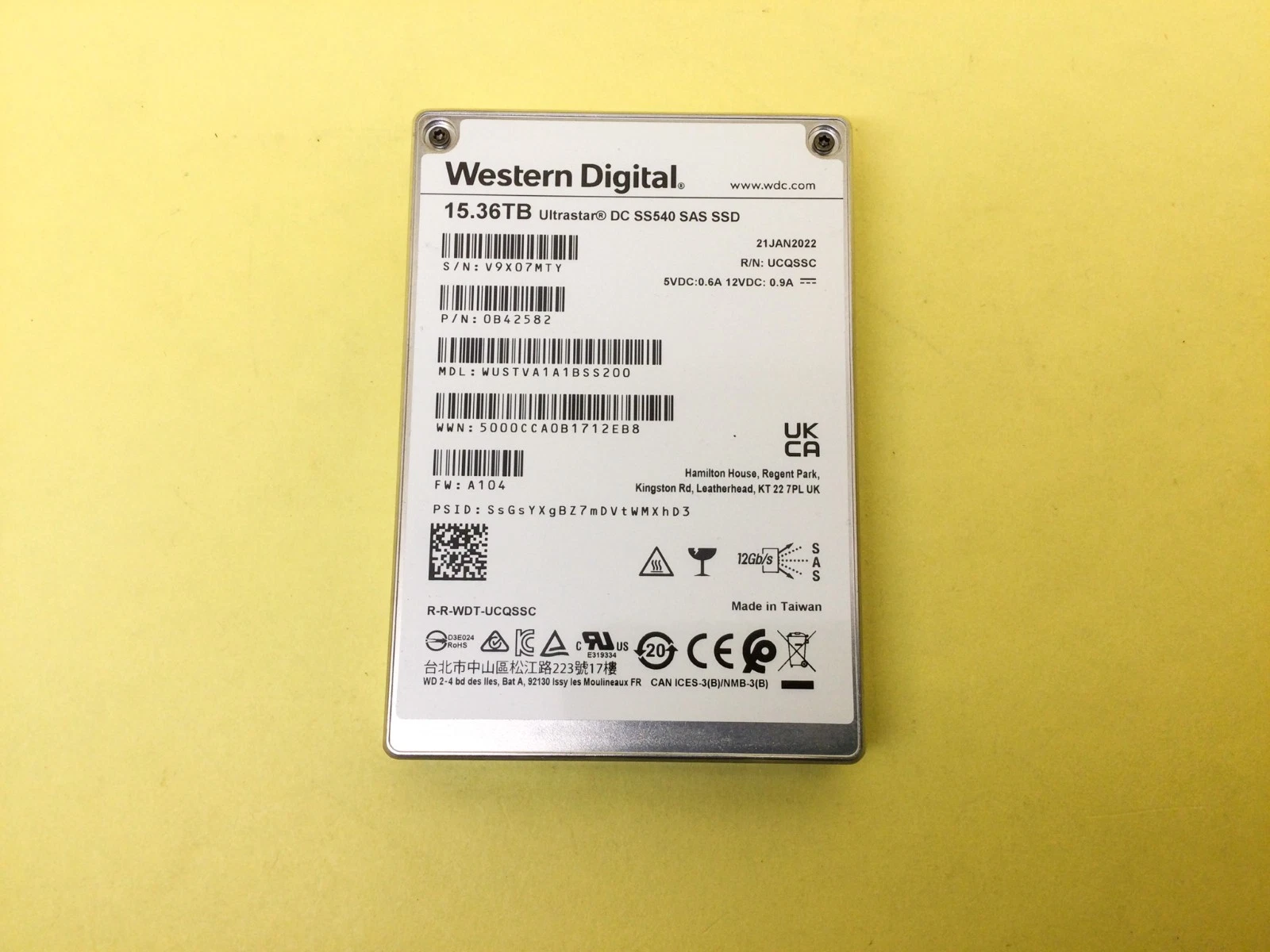 WD Ultrastar DC SS540 15.36TB SAS SSD  -  WUSTVA1A1BSS200, Refurbished